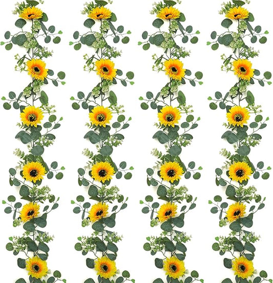 SOMYTING Artificial Sunflower Garland, 4 Packs 6ft Silk Sunflowers Vines Hanging Flowers Garland with Green Leaves for Party Baby Shower Birthday Wedding Room Decor (4PCS)