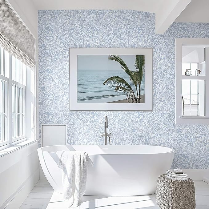 Heroad Peel and Stick Wallpaper Light Blue Floral Contact Paper 17.3''x196'' Boho Wall Paper Modern Removable Self Adhesive Wallpaper for Bedroom Bathroom Kitchen Cabinet Decor Waterproof Vinyl Roll