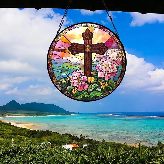 Christian Gifts for Women - Cross Stained Glass Window Hanging Jesus Easter Pink Flower Peony Sun Catcher Garden Religion Decor Mother's Day Catholic Gift for Men Grandma Mom Her Nana 11.8"