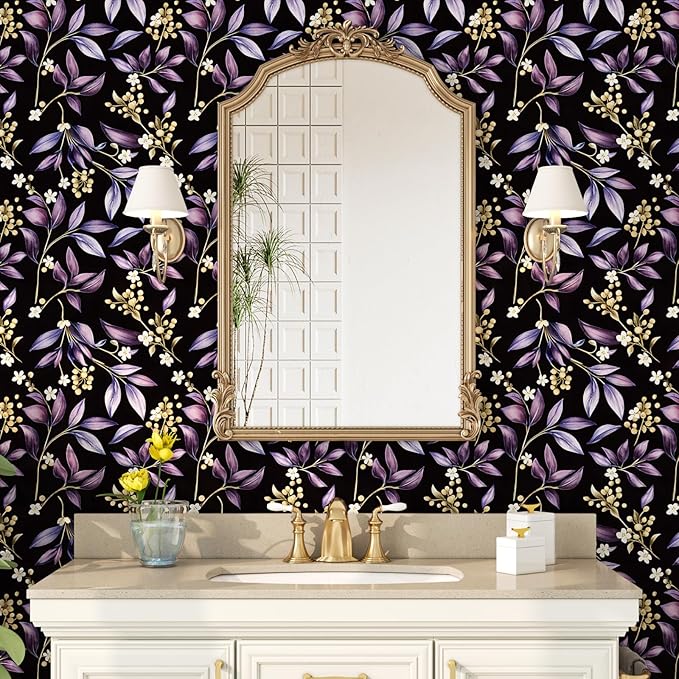 Dark Peel and Stick Wallpaper Vintage, Black Purple Leaf Removable Self-Adhesive Vinyl for Bathroom Bedroom Kitchen Drawer Cabinet, Golden Floral Pattern Wall Decor Retro Style 17.5" x 118"