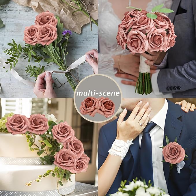 100PCS Warm Taupe Artificial Flowers Roses Real Looking Foam Fake Roses with Leaves for DIY Wedding Bouquets Bridal Shower Party Decorations (Warm Taupe, 100)