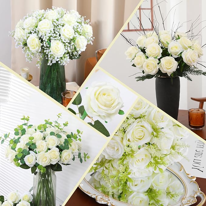 50PCS Artificial Silk Roses Flowers – Realistic Fake Roses in Bulk & Bouquet Long Stem White Rose for Wedding Centerpieces, Home Decor, Floral Arrangements, Party Decoration (White)