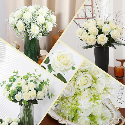 50PCS Artificial Silk Roses Flowers – Realistic Fake Roses in Bulk & Bouquet Long Stem White Rose for Wedding Centerpieces, Home Decor, Floral Arrangements, Party Decoration (White)