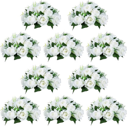 NUPTIO White Flower Centerpieces for Tables: 10 Pcs Artificial Flower Ball Arrangement for Wedding Party - 9.5 Inch Diameter Fake Floral Rose for Bridal Shower Decorations
