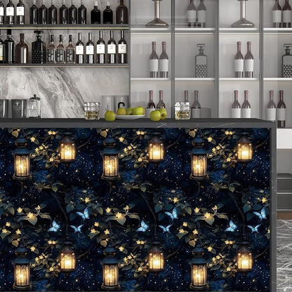 Dark Wallpaper Peel and Stick Night Forest Contact Paper Vintage Green Leaf Wall Paper Vinyl Waterproof Self Adhesive Retro Lantern Butterfly Walls Mural for Bedroom Cabinet Table Décor17.5" x 118"