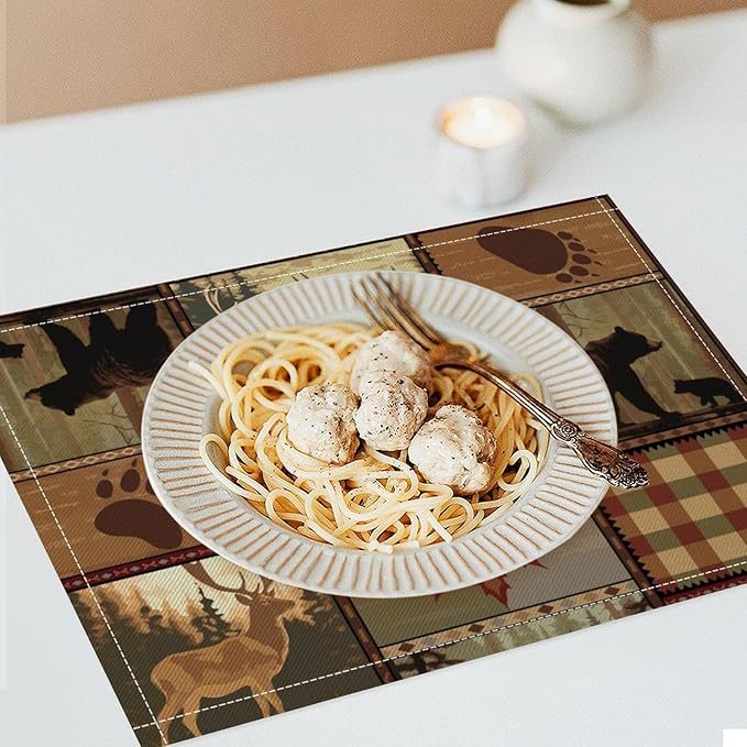 Retro Rustic Lodge Bears Placemats Set of 6, Vintage Cabin Farmhouse Country Style Place Mats, Heat Resistant Non Slip Cotton Linen Dining Table Mats for Home Kitchen 18x12 Inch