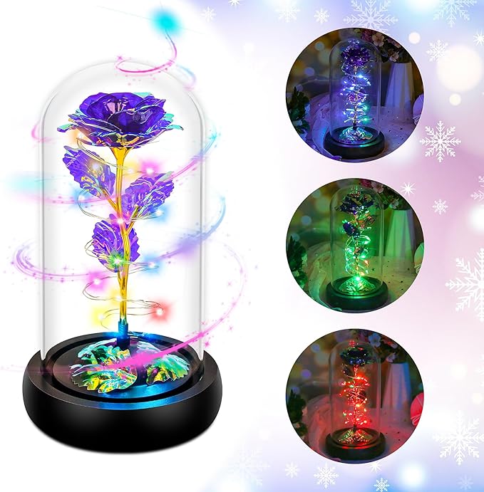 Childom Christmas Rose Gifts for Women,Birthday Gifts for Women Mom Christmas,Flowers for Delivery Prime,Purple Light Up Rose in A Glass Dome,Anniversary Rose Gift for Her Grandma Valentines Day