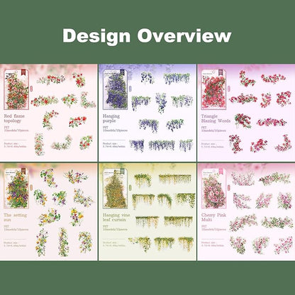 Floral Vine PET Stickers – 60PCS Vintage Botanical Design, Waterproof & Pre-Cut, Large Size for Journals, Junk Journals, Scrapbooking, and Craft