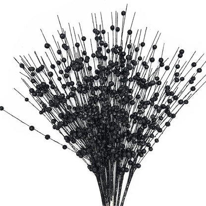 CATTREE Artificial Glitter Berry Stem Decorative, Fake Glitter Sticks Bead Pick Stems for Halloween Christmas Glittery Twigs Xmas Tree Wreath Crafts Vase Filler Home DIY Decor - 17 Inch Black 10 Pack