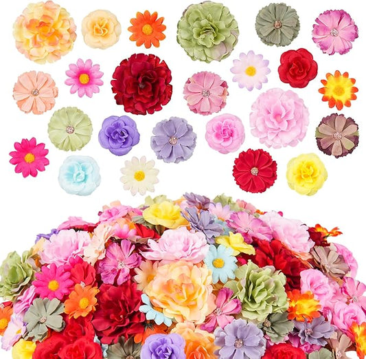210 Pcs Mini Silk Flower Heads Small Fake Rose Daisy Faux Flowers Bulk for Crafts Artificial 3D Loose Fabric Flowers Heads Sunflower Bulk for Wedding Hair Cap Dresses Decorations (Bright Colors Mixed)