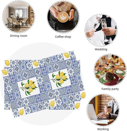 Lemon Table Placemats Set of 6 Blue Tile Print Linen Placemats for Indoor Outdoor Party Home Desktop Kitchen Dining Room Decor 12x18 Inch