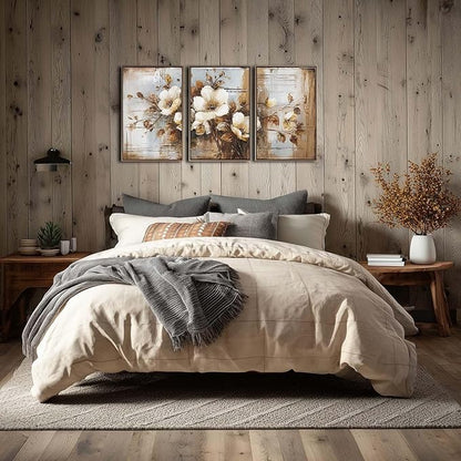 YCJKJDZ Framed Dark Floral Canvas Wall Art Set of 3, Neutral Fall Plant Bohemian Vintage Moody Flower Wall Decor Artwork for Farmhouse Bedroom Living Room Office, 16x24 inches