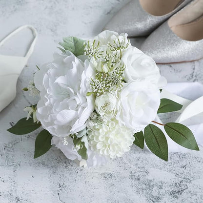ponatia White Wedding Bouquets for Bride Bridesmaid, Wedding Artificial Roses Flowers for Wedding Bouquets Ceremony, Anniversary (White & Ivory)