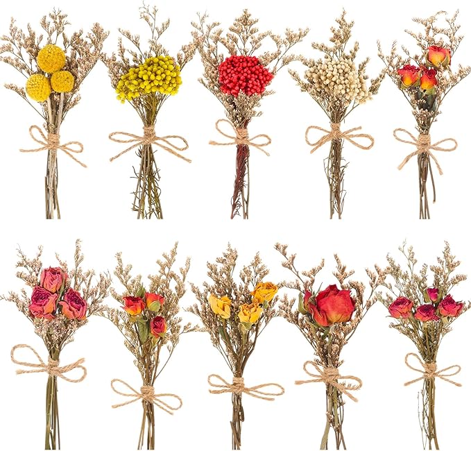 10 Pack Dried Flower Bouquets Natural Rose Billy Balls and Rice-Flower Combination Dried Embossing Flower Bundles with Stem Dried Floral Arrangement for Vase, DIY, Crafts, Wedding Party, Home Decor