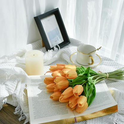 Mandy's Artificial Tulips 20 Stems Gold PU Faux Flowers for Thanksgiving and Christmas Decorations Wedding Home Decor 13.5 Inch