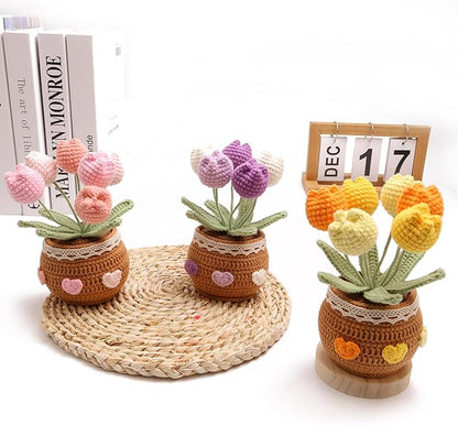 Crocheted Tulip Bouquets, Artificial Tulip Hand-Woven Flowers Suitable for Home, Office Decorations and Birthday Gifts for Family and Friends Anniversary (6 Flowers-Pink)