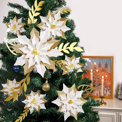15PCS Poinsettia Flowers Artificial Christmas Decorations White Gold Poinsettia Large Flowers for Wall Christmas Tree Ornaments Glitter Poinsettias Flower Wreath Garland Window Door Xmas Tree Decor
