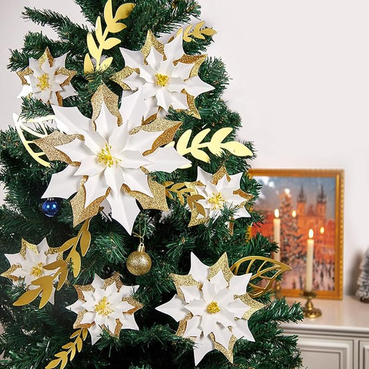 15PCS Poinsettia Flowers Artificial Christmas Decorations White Gold Poinsettia Large Flowers for Wall Christmas Tree Ornaments Glitter Poinsettias Flower Wreath Garland Window Door Xmas Tree Decor