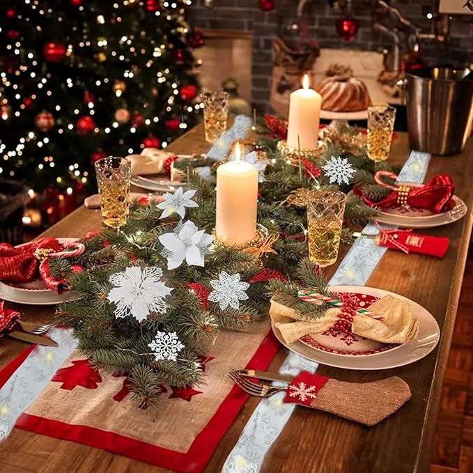 72 Pcs 9 Styles Christmas Glitter Poinsettia Flowers,Christmas White Glitter Artificial Poinsettia Flower Tree Ornaments for Xmas Wreaths Garland Floral Gift Winter Wedding Holiday Decoration(White)