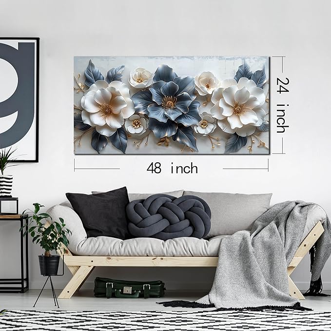 Blue and White Flower Pictures for Living Room Teen Bedroom Decor for Girls Wall Art for Women Office Decor Size 24" x 48"