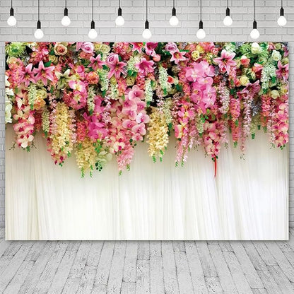 10x6.5ft Pink Floral Backdrop White Curtain Wedding Reception Photography Background Colorful Flowers Anniversary Bridal Shower Decorations Birthday Party Baby Shower Portrait Photo Booth Prop
