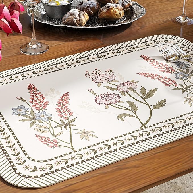 ISAENNE PVC Placemats Set of 6,Rectangular Floral Placemats, Waterproof and Heat-Resistant Place Mats,Decoration for Kitchen, Dinning, Parties, Holiday,12"*17"