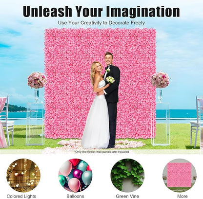 Flower Wall Panels, 10Pcs Artificial Flower Wall 3D Flower Wall Backdrop Pink Silk Rose Floral Decorative Faux Flower Wall Background for Wedding Home (Pink,15.7 * 23.6 in)