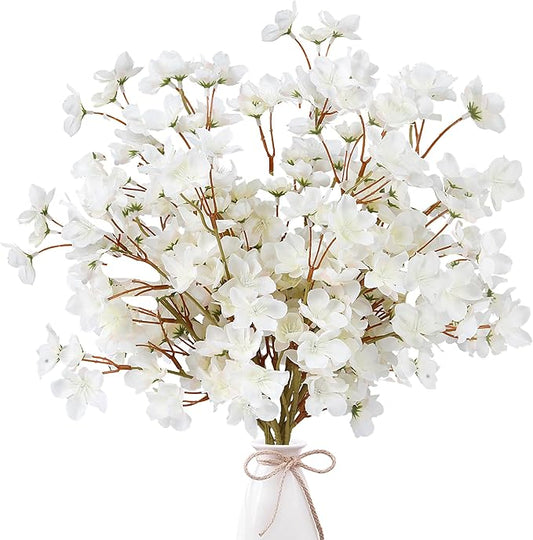 Sggvecsy Artificial Cherry Blossom Flowers 6 Pcs Faux Cherry Blossom Stems Faux Silk Cherry Blossom Branches 15.7’’ Fake Peach Flowers for Vase Arrangements Home Wedding Table Decor (White)