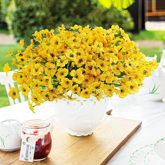 Uieke 72 Bundles Artificial Flowers for Outdoors UV Resistant No Fade Yellow Fake Flowers for Outside Home Garden Porch Window Box Home Spring Summer Décor (Yellow)