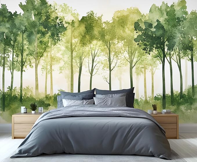 Watercolor Forest Wall Mural, Minimalist Forest Scene 3D Wall Murals, Nordic Nature Wallpaper Mural, for Living Room Bedroom Large Wallpaper Indoor Decor 177.16" W x120 H