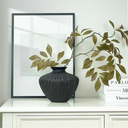 Small Black Ceramic Vase 6 Inch – Handmade Sculptural Decor with Hand-Painted Gold Detailing – Organic Accent Flower Vase for Shelf, Entryway or Table – Modern Minimalist Home Decoration