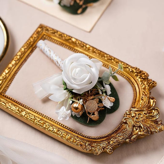 Meldel White Boutonniere for Men Wedding with Pins,Set of 6, Greenery Corsage Rose Groom Groomsmen Boutonniere for Wedding,Prom,Homecoming,Party,etc.