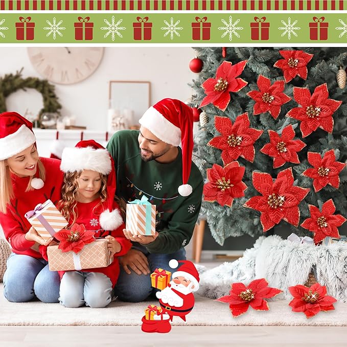 WILLBOND 24 Pcs 3 Size Poinsettia Flower Artificial Christmas Decor Glitter Poinsettia Christmas Ornaments Faux Flowers for Xmas Tree Outdoor(4/6/7.9 Inches,Red)