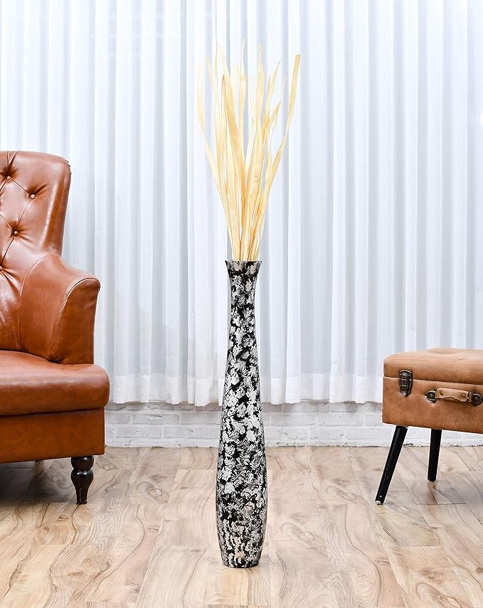 Leewadee Large Silver Home Decor Floor Vase - Wooden 26 inch Tall Farmhouse Decor Flower Holder for Fake Plant and Pampas Grass