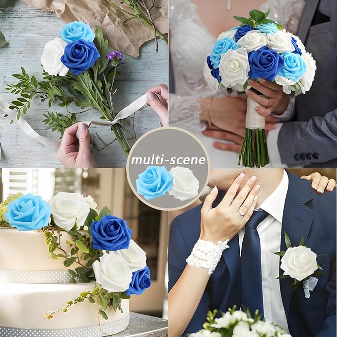 Artificial Flowers 50Pcs Blue and White Roses Real Looking Foam Fake Roses with Leaves for DIY Wedding Bouquets Bridal Shower Party Decorations (Blue Series, 50)
