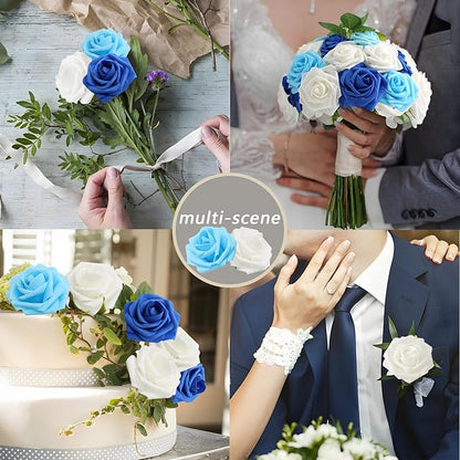 Artificial Flowers 50Pcs Blue and White Roses Real Looking Foam Fake Roses with Leaves for DIY Wedding Bouquets Bridal Shower Party Decorations (Blue Series, 50)