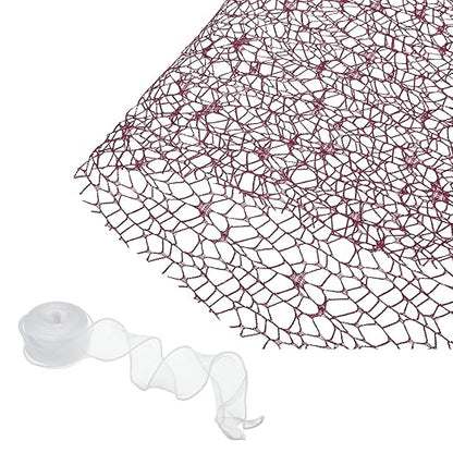 PATIKIL Flower Wrapping Mesh Paper, 15ft Floral Bouquet Craft Packaging Hollow Net Yarn with Ribbon for Flowers Gift Packaging, Burgundy Red