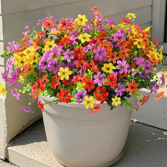 Homsunny Artificial Flowers for Outdoors UV Resistant Spring Home Decoration, 12 Pcs Realistic Fake Plants Faux Silk Flower Daisy with Eucalyptus Stem for Patio Planter Porch Yard Window (4 Colors)