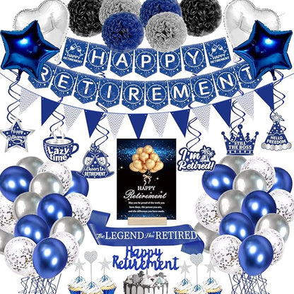 Happy Retirement Party Decorations Blue Retirements Party Decoration for Men Happy Retire Banner Hanging Swirls Foil Balloon Cake Toppers Retire Sash for Blue and Silver Retire Decoration