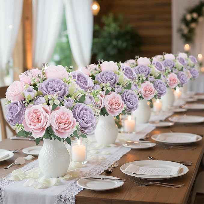 Peonies Artificial Flowers 12 Bundles Pink Flowers Bouquet, Lifelike Silk Fake Peonies with Stems for Home Table Centerpieces, Wedding, Party & DIY Bridal Floral Arrangements (Light Purple)