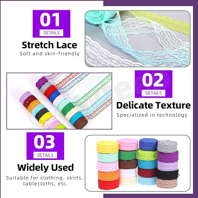 Swpeet 15 Rolls in Total 165 Yards 4.5cm×11 Yards Colorful Lace Ribbon Bilateral Floral Pattern Fabric, Vintage Trim Ribbon Crafting Lace for Decorating, Gift Wrapping