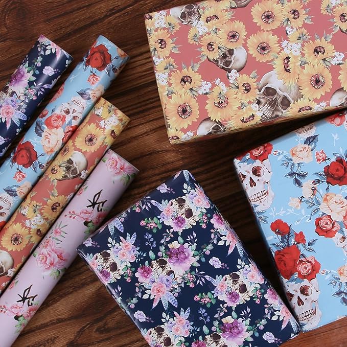Aimyoo Blue Skull Floral Wrapping Paper Roll 17 in x10ft, Horror Gothic Gift Wrap Paper for Halloween Wedding Bridal Shower