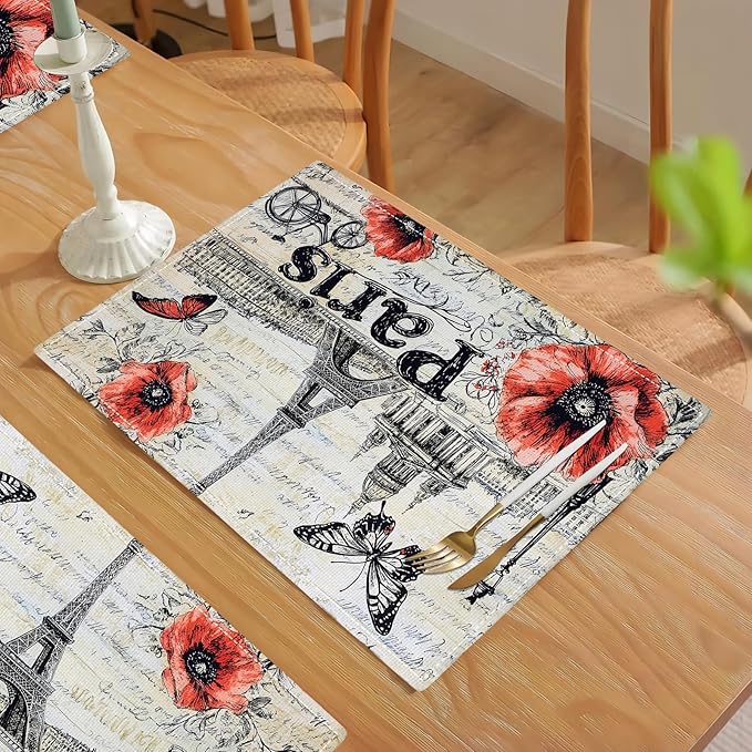 Paris Placemats Set of 4, French Eiffel Tower Place Mats, Poppies Dining Table Mats, Retro Washable Placemats for Kitchen Dining Room Home Decor 18L'' × 12W''