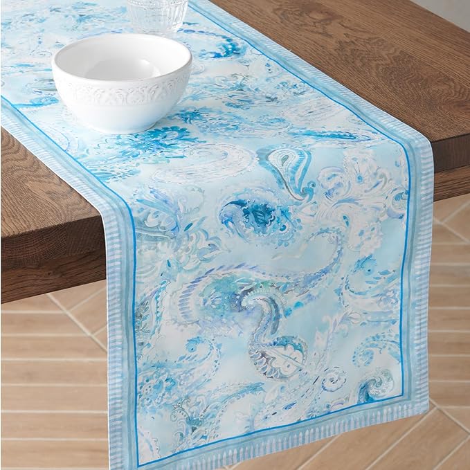 Maison d' Hermine Table Runners 100% Combed Cotton 14.50 Inch x 72 Inch Premium Tablerunner, Decorative Table Runner, Buffet Parties & Camping, Paisley Blues (Double Layer)