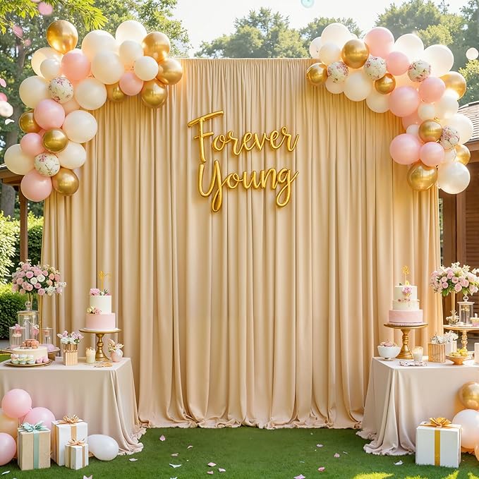gogoparti 40ft x 12ft Beige Wrinkle-Free Backdrop Curtain for Wedding Parties, Thick Polyester 4 Panels 5x12ft for Wedding Birthday Baby Shower Halloween Photography Party Background