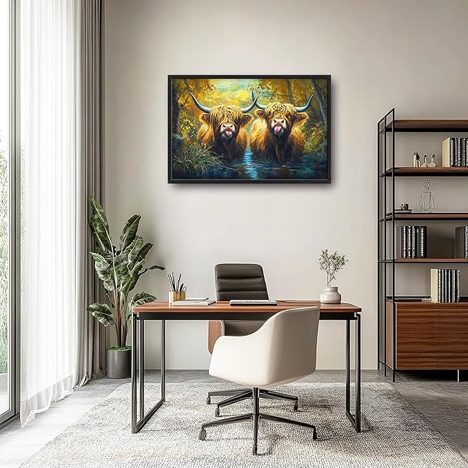 Highland Cow Large Decor Wall Art Framed Pictures for Living Room, Animal Oversized Canvas Print Painting Modern Extra Large Framed Artwork for Bedroom Office Home Decor 36"x24"