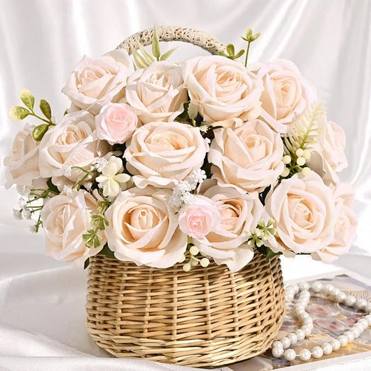 BLEUM CADE 50 Pcs Champagne Roses Artificial Flowers, Real Touch Velvet Roses Fake Flowers Bulk, Artificial Roses Bouquet with Long Stems Bridal DIY Wedding Party Centerpiece Decorations