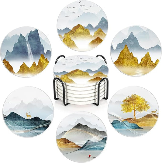 6 Pcs Mountain Landscape Absorbent Ceramic & Cork Base Coasters, Cute Funny Table Drinks Coasters, 4 Inch Round