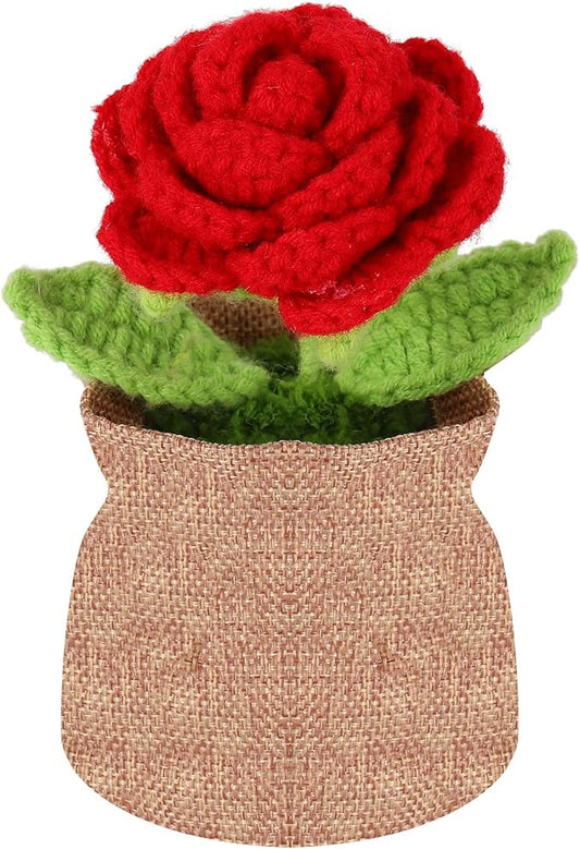 Crochet Flower Plant, Empathetic Flower Gift for Women & Men, Perfect for Birthday, Christmas, Mother's Day, Desk Decor, Birthday Decorations, Kids Party Decoration. Red Rose
