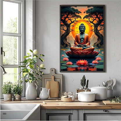 Canvas wall art Golden Buddha on lotus at sunset Ancient trees with reflections on water Serene meditation scene Uplifting wall art for mindfulness and tranquil home decor 16x24in Metal blackFramed